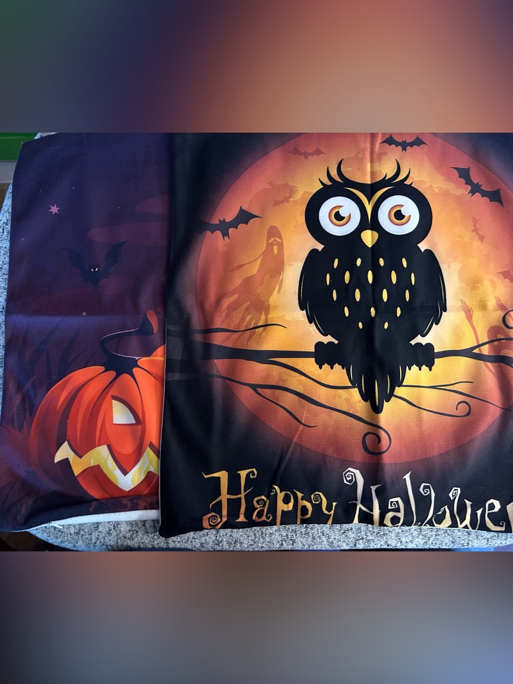 Happy Halloween Owl and Jack-O-Lantern with Bats Pillow Cases 18" Unused Zipper